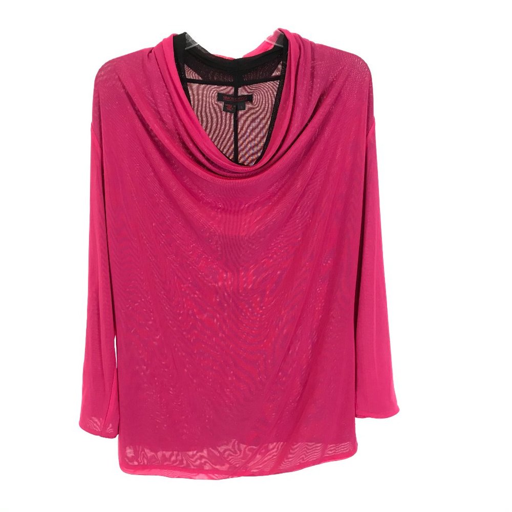 NWT Womens Size Small Simon Change Hot Pink Drape Neck Mesh Pullover Blouse Top